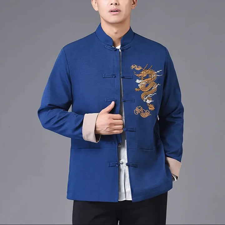 Buddha Stones Dragon Embroidery Frog-button Polyester Men’s Jacket Shirt Clothing With Pockets - DarkBlue