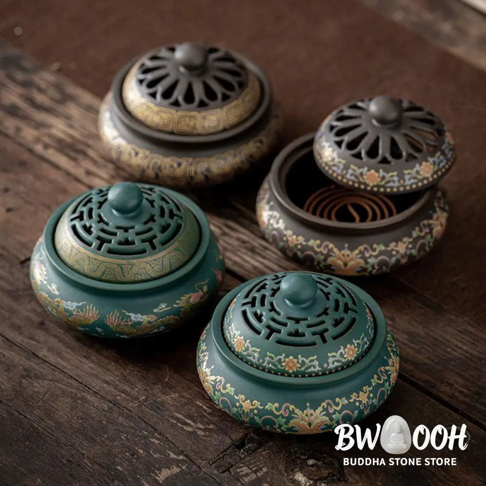 BWOOOH Dragon Floral Pattern Backflow Smoke Fountain Ceramic Meditation Incense Burner Decoration - Dragon