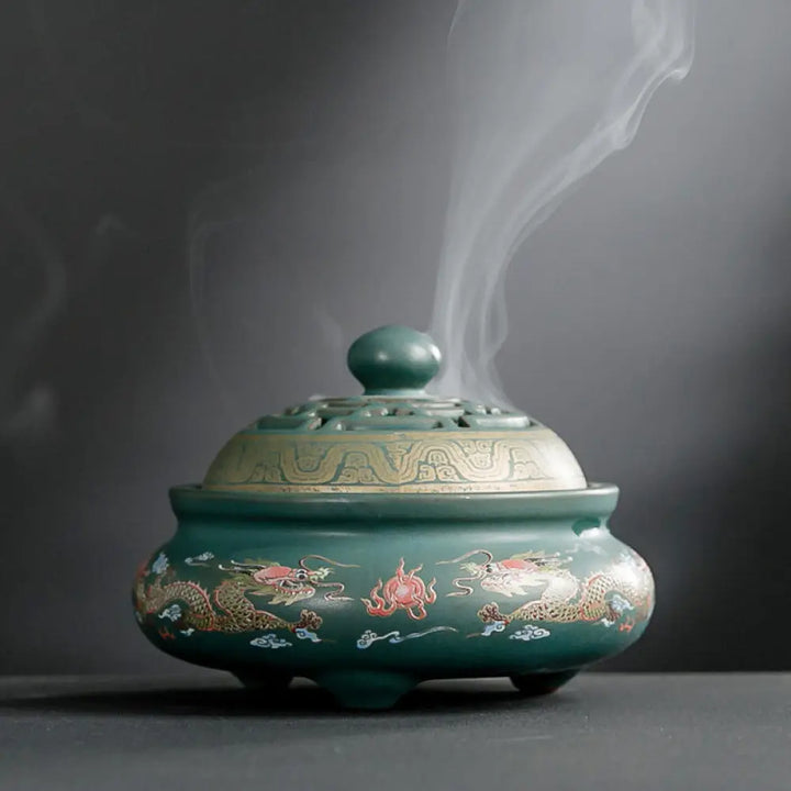 BWOOOH Dragon Floral Pattern Backflow Smoke Fountain Ceramic Meditation Incense Burner Decoration - Dragon