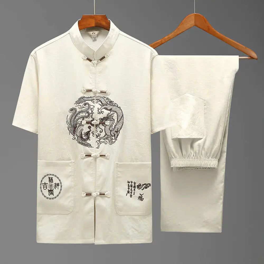 Buddha Stones Dragon Fu Character Tang Suit Traditional Short Sleeve Shirt Wide Leg Pants Clothing Men’s Set