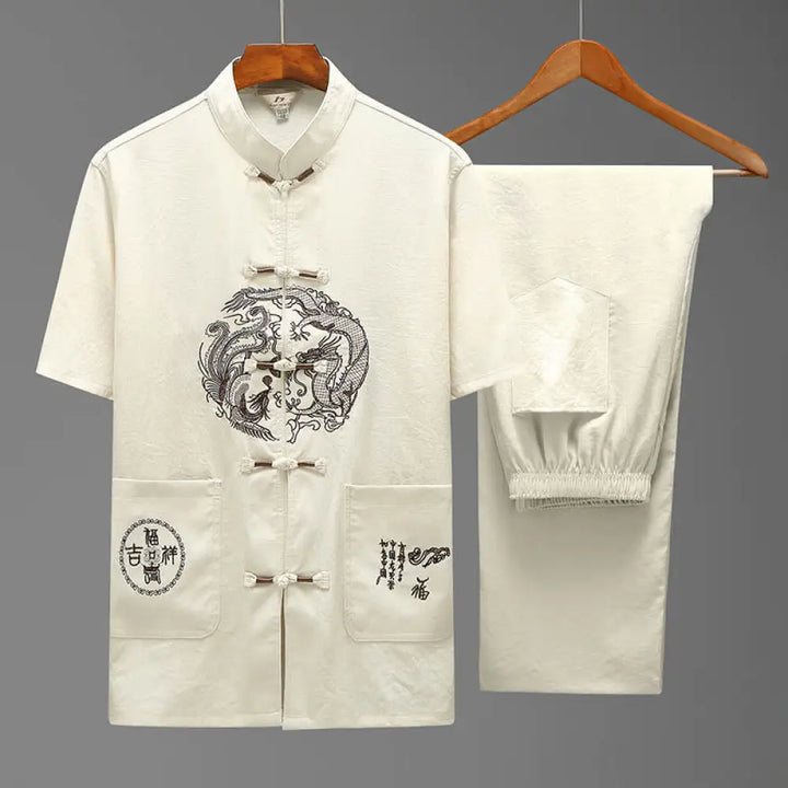 Buddha Stones Dragon Fu Character Tang Suit Traditional Short Sleeve Shirt Wide Leg Pants Clothing Men’s Set