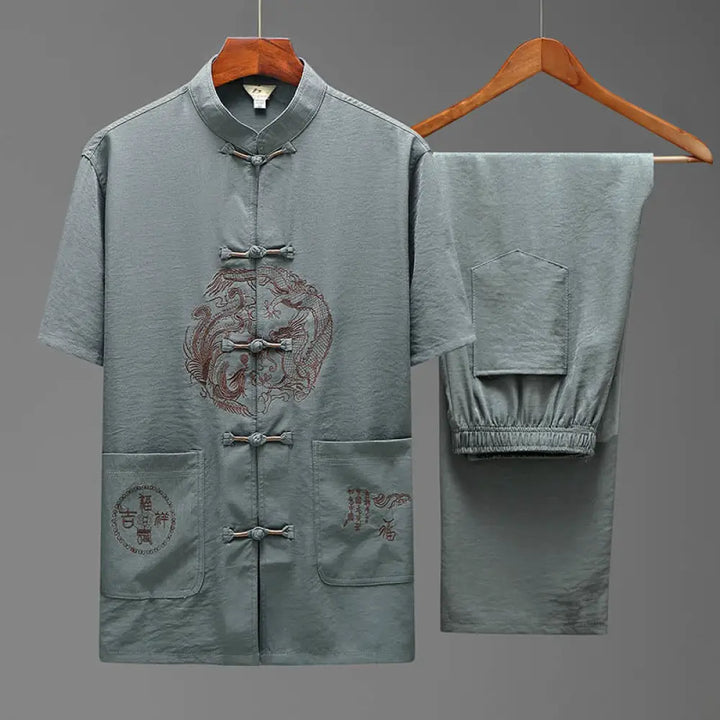 Buddha Stones Dragon Fu Character Tang Suit Traditional Short Sleeve Shirt Wide Leg Pants Clothing Men’s Set