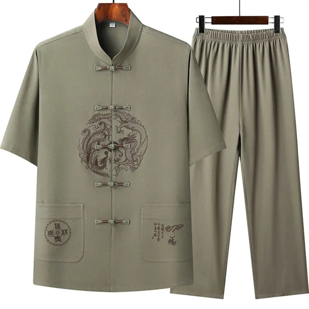 Buddha Stones Dragon Fu Character Tang Suit Traditional Short Sleeve Shirt Wide Leg Pants Clothing Men’s Set
