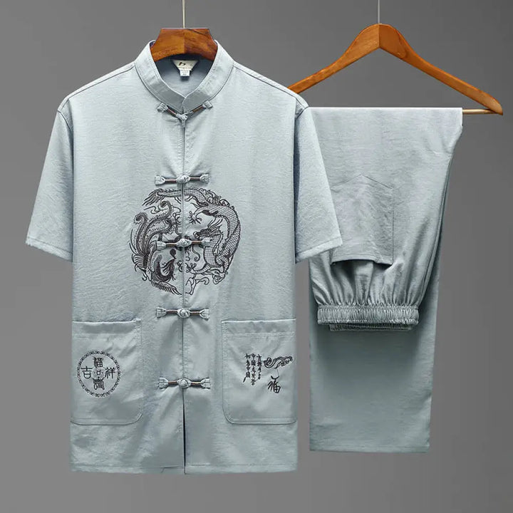 Buddha Stones Dragon Fu Character Tang Suit Traditional Short Sleeve Shirt Wide Leg Pants Clothing Men’s Set - Light