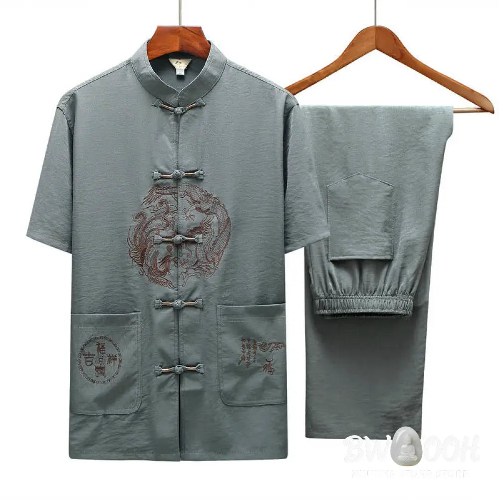 Buddha Stones Dragon Fu Character Tang Suit Traditional Short Sleeve Shirt Wide Leg Pants Clothing Men’s Set - Men’s