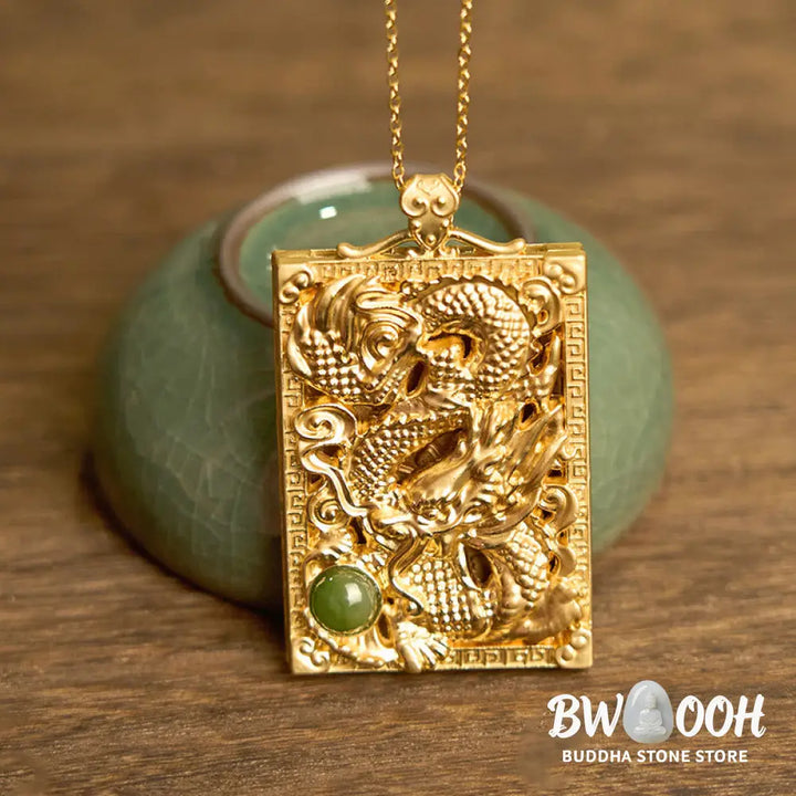 Buddha Stones Dragon Gold Plated Copper Hetian Jade Strength Necklace Pendant - BWOOOH - Gold Plated Copper Hetian Jade