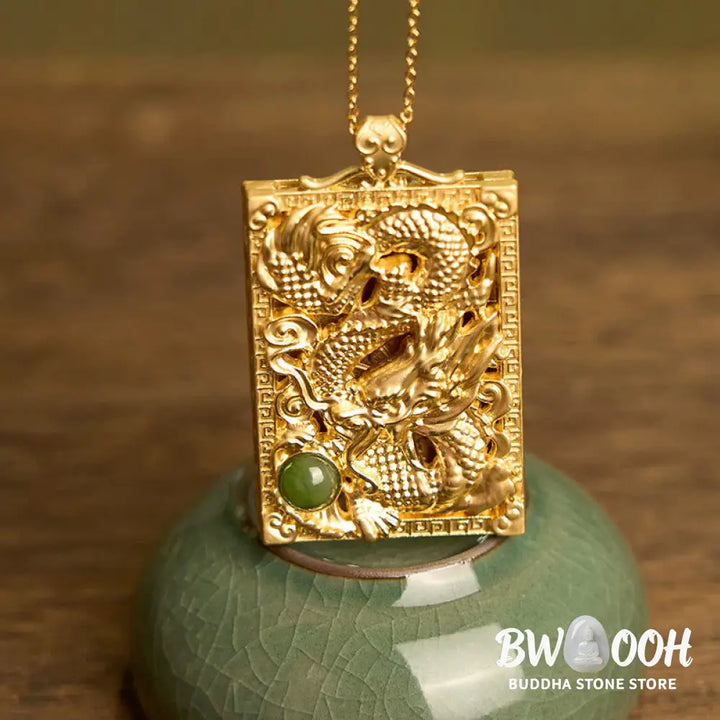 Buddha Stones Dragon Gold Plated Copper Hetian Jade Strength Necklace Pendant - BWOOOH - Gold Plated Copper Hetian Jade