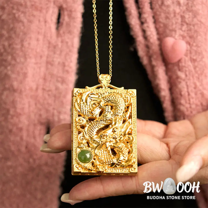 Buddha Stones Dragon Gold Plated Copper Hetian Jade Strength Necklace Pendant - BWOOOH - Gold Plated Copper Hetian Jade