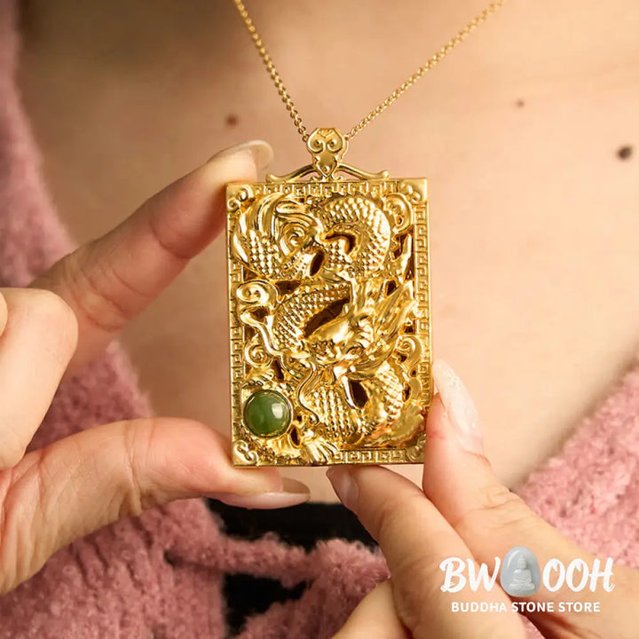 Buddha Stones Dragon Gold Plated Copper Hetian Jade Strength Necklace Pendant - BWOOOH - Gold Plated Copper Hetian Jade
