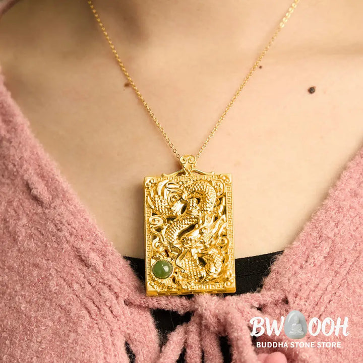 Buddha Stones Dragon Gold Plated Copper Hetian Jade Strength Necklace Pendant - BWOOOH - Gold Plated Copper Hetian Jade