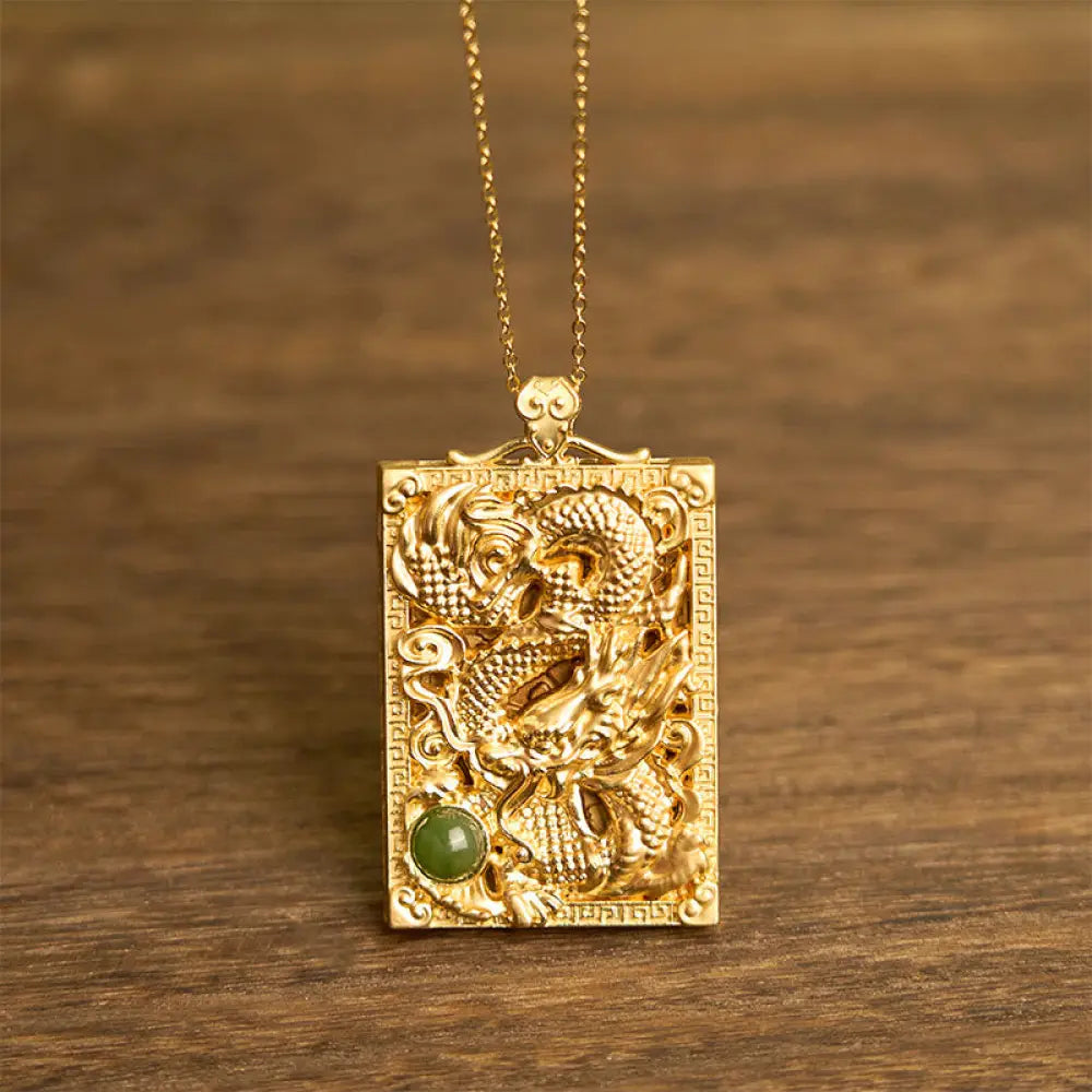 Buddha Stones Dragon Gold Plated Copper Hetian Jade Strength Necklace Pendant - BWOOOH - Gold Plated Copper Hetian Jade