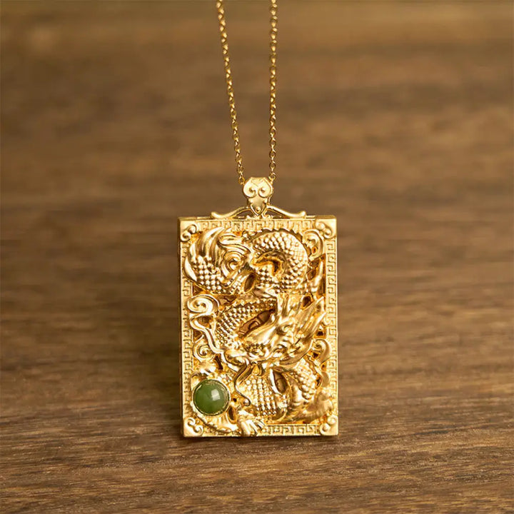 Buddha Stones Dragon Gold Plated Copper Hetian Jade Strength Necklace Pendant - BWOOOH - Gold Plated Copper Hetian Jade