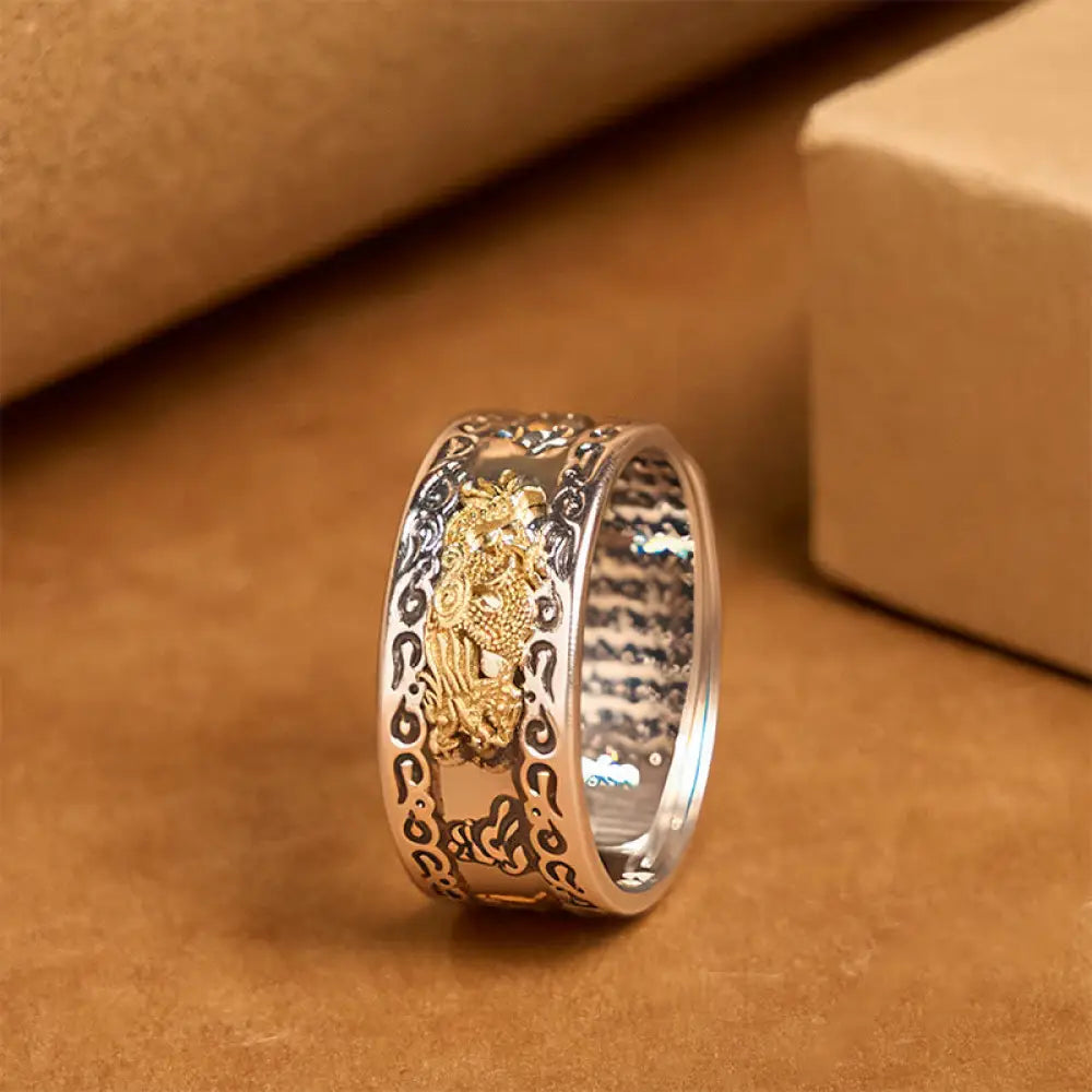 Buddha Stones Dragon Pattern Heart Sutra Copper Strength Ring - Lucky Cloud Pattern Edge(Adjustable) - Ring