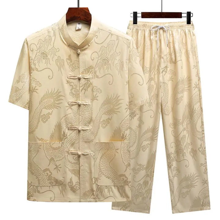 Buddha Stones Dragon Pattern Tang Suit Hanfu Traditional Uniform Short Sleeve Top Pants Clothing Men’s Set