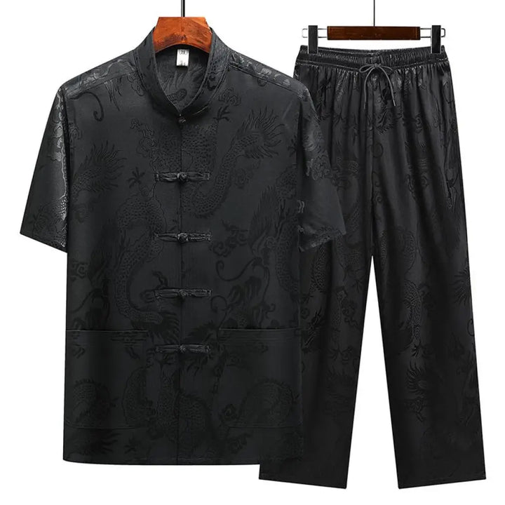 Buddha Stones Dragon Pattern Tang Suit Hanfu Traditional Uniform Short Sleeve Top Pants Clothing Men’s Set