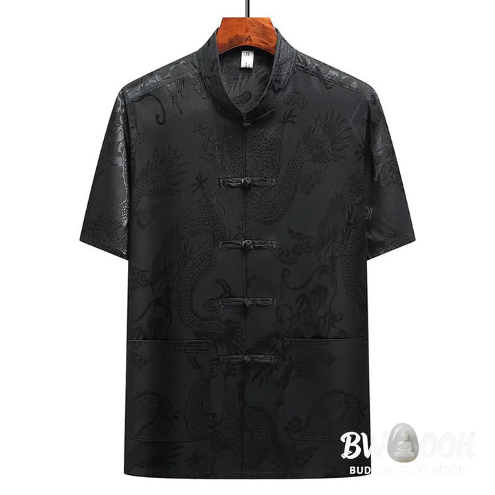 Buddha Stones Dragon Pattern Tang Suit Hanfu Traditional Uniform Short Sleeve Top Pants Clothing Men’s Set - Men’s