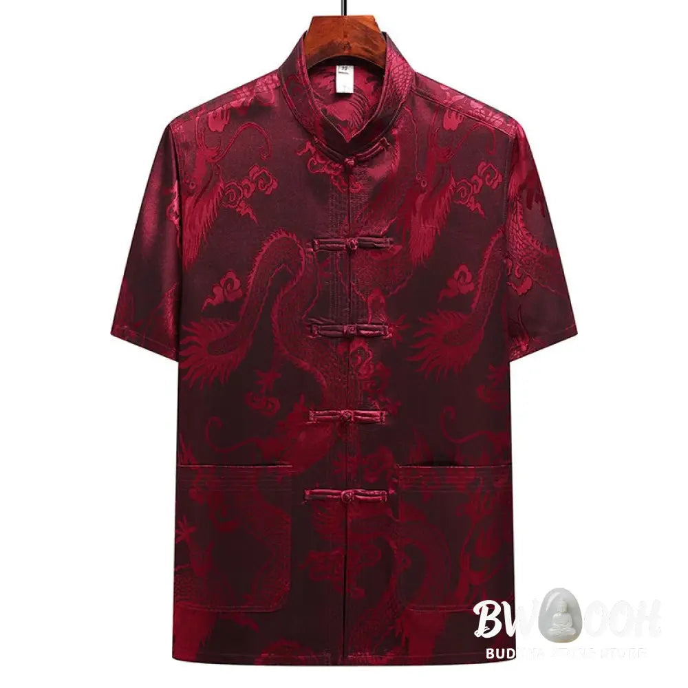 Buddha Stones Dragon Pattern Tang Suit Hanfu Traditional Uniform Short Sleeve Top Pants Clothing Men’s Set - Men’s
