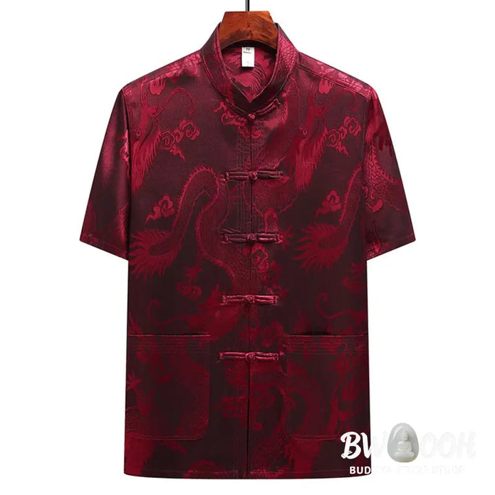Buddha Stones Dragon Pattern Tang Suit Hanfu Traditional Uniform Short Sleeve Top Pants Clothing Men’s Set - Men’s