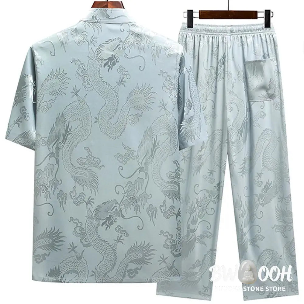 Buddha Stones Dragon Pattern Tang Suit Hanfu Traditional Uniform Short Sleeve Top Pants Clothing Men’s Set - Men’s