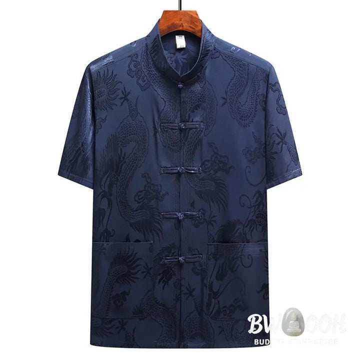 Buddha Stones Dragon Pattern Tang Suit Hanfu Traditional Uniform Short Sleeve Top Pants Clothing Men’s Set - Men’s