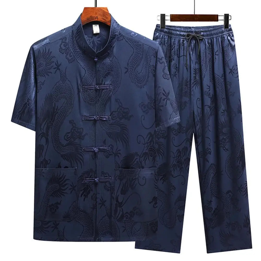 Buddha Stones Dragon Pattern Tang Suit Hanfu Traditional Uniform Short Sleeve Top Pants Clothing Men’s Set - Navy