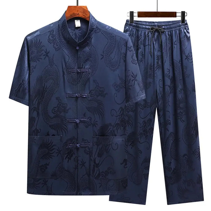 Buddha Stones Dragon Pattern Tang Suit Hanfu Traditional Uniform Short Sleeve Top Pants Clothing Men’s Set - Navy