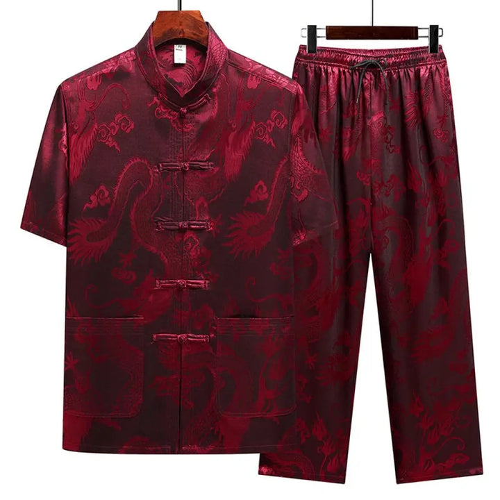 Buddha Stones Dragon Pattern Tang Suit Hanfu Traditional Uniform Short Sleeve Top Pants Clothing Men’s Set