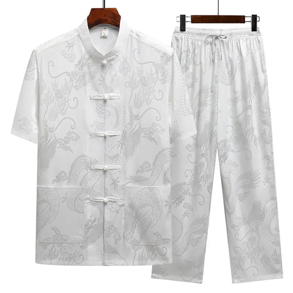 Buddha Stones Dragon Pattern Tang Suit Hanfu Traditional Uniform Short Sleeve Top Pants Clothing Men’s Set