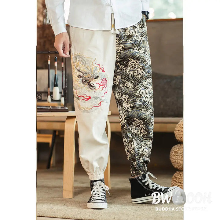 Buddha Stones Dragon Pattern Two-tone Men’s Pants With Pockets - Men’s Pants