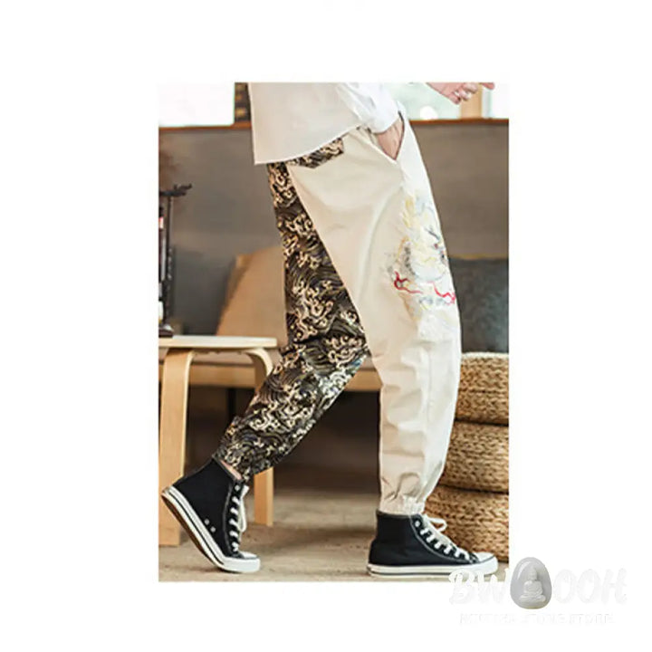 Buddha Stones Dragon Pattern Two-tone Men’s Pants With Pockets - Men’s Pants