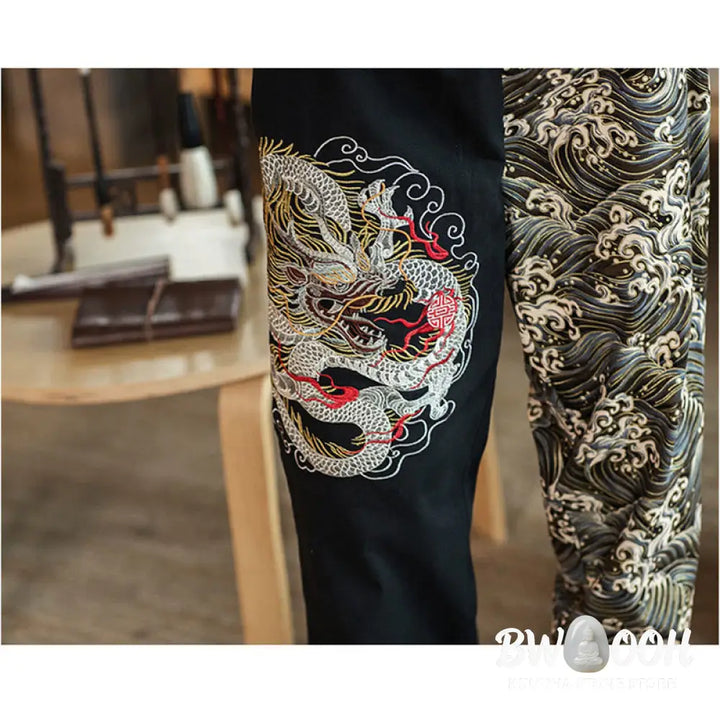 Buddha Stones Dragon Pattern Two-tone Men’s Pants With Pockets - Men’s Pants