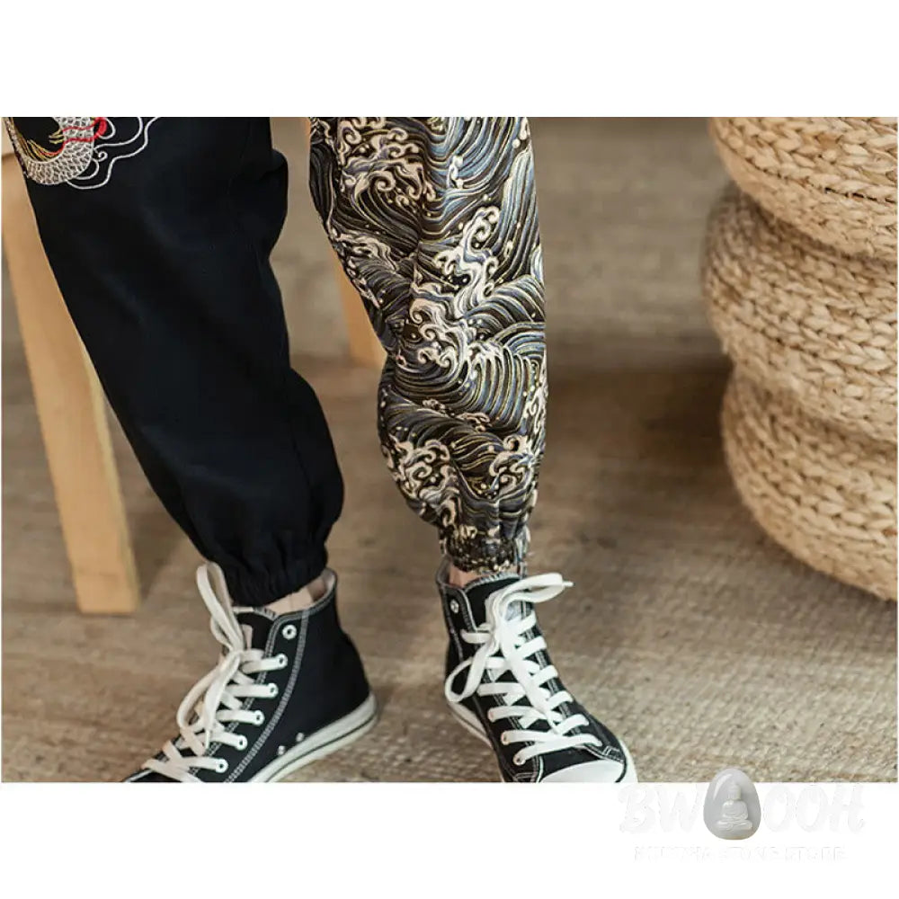 Buddha Stones Dragon Pattern Two-tone Men’s Pants With Pockets - Men’s Pants