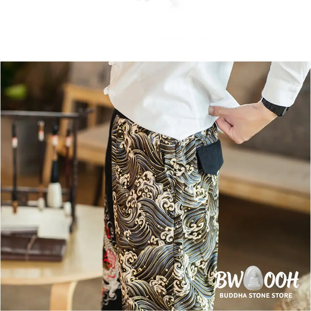 Buddha Stones Dragon Pattern Two-tone Men’s Pants With Pockets - Men’s Pants