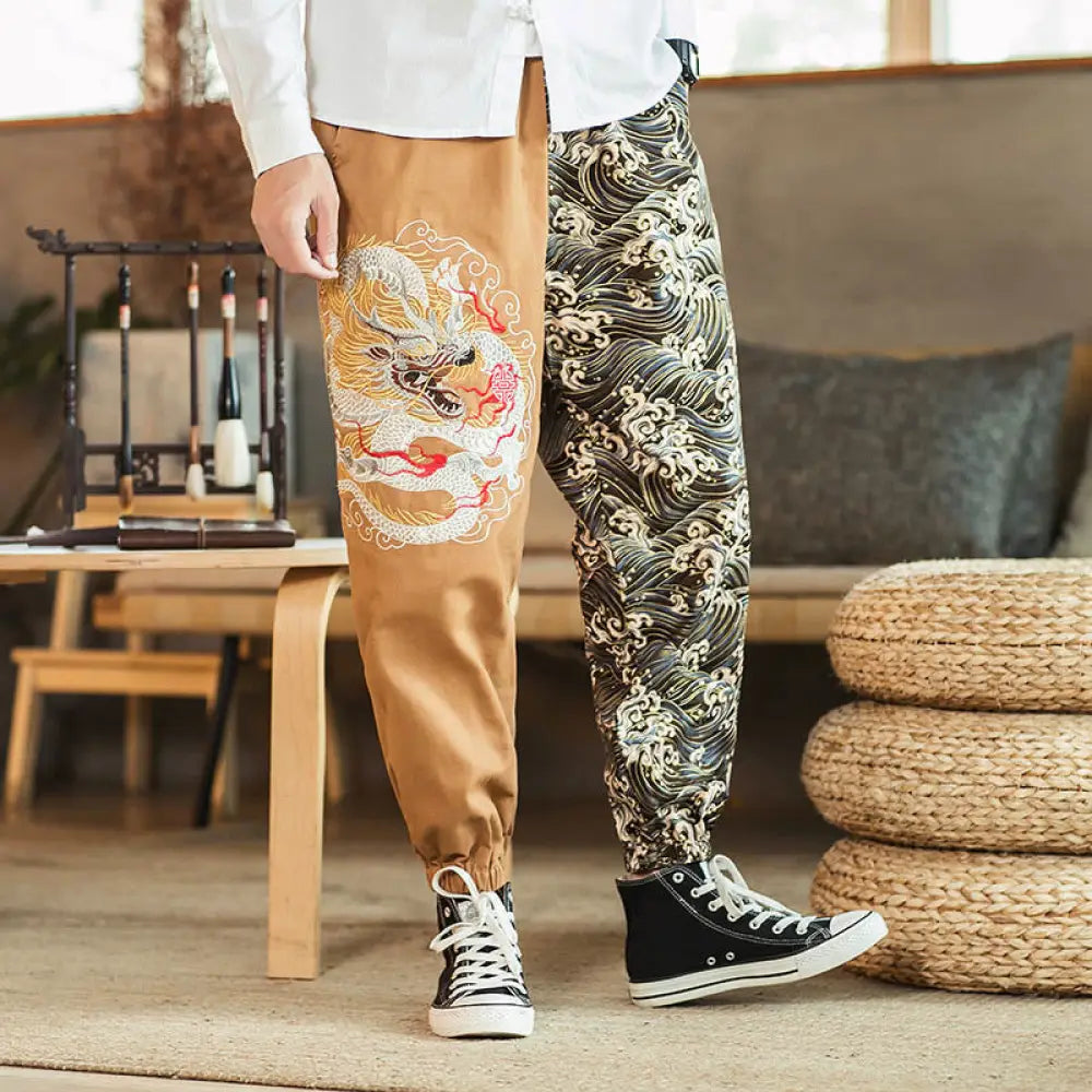 Buddha Stones Dragon Pattern Two-tone Men’s Pants With Pockets - Khaki / US/UK/AU36，EU46 (L) - Men’s Pants