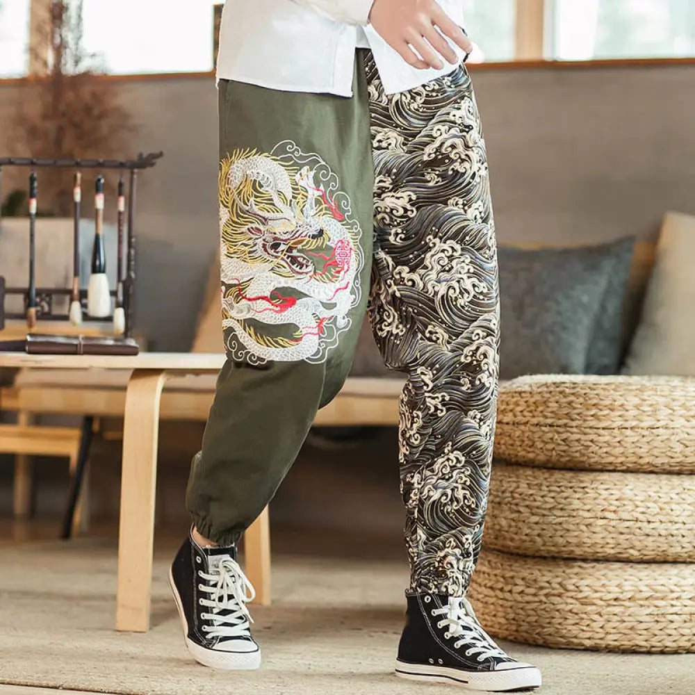 Buddha Stones Dragon Pattern Two-tone Men’s Pants With Pockets - OliveDrab / US/UK/AU36，EU46 (L) - Men’s Pants
