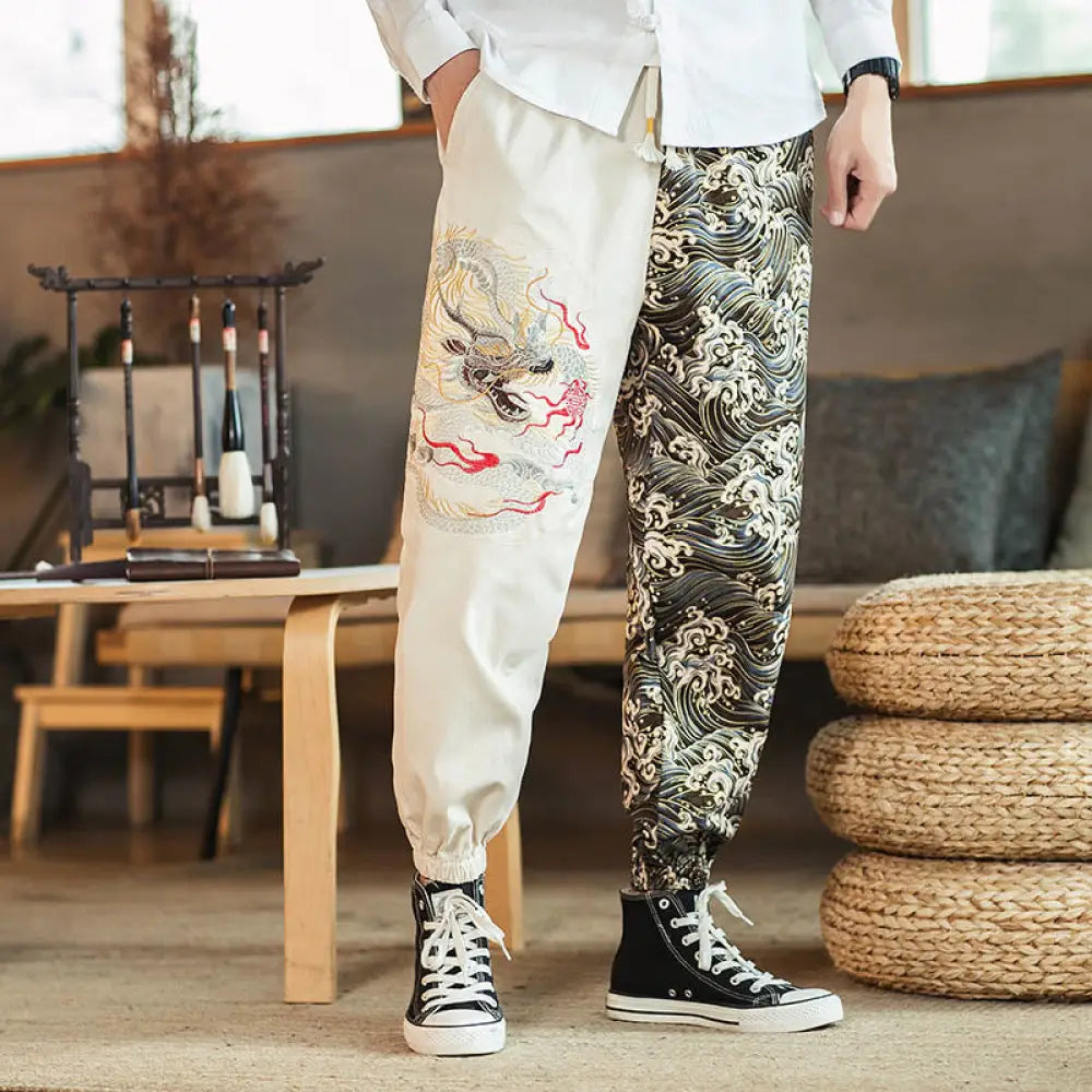 Buddha Stones Dragon Pattern Two-tone Men’s Pants With Pockets - White / US/UK/AU36，EU46 (L) - Men’s Pants