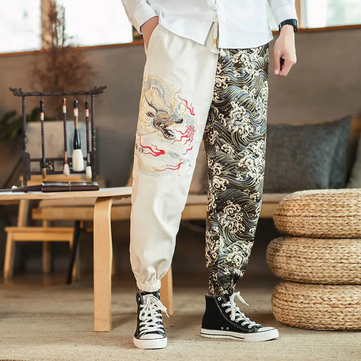 Buddha Stones Dragon Pattern Two-tone Men’s Pants With Pockets - White / US/UK/AU36，EU46 (L) - Men’s Pants