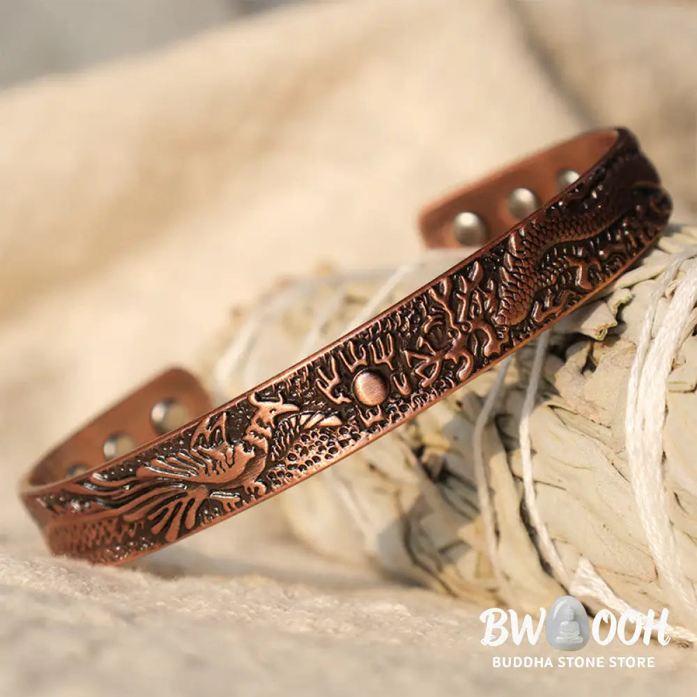 Buddha Stones Dragon Phoenix Magnetic Solid Copper Cuff Bracelet Bangle - Dragon&amp;Phoenix - Bracelet Bangle