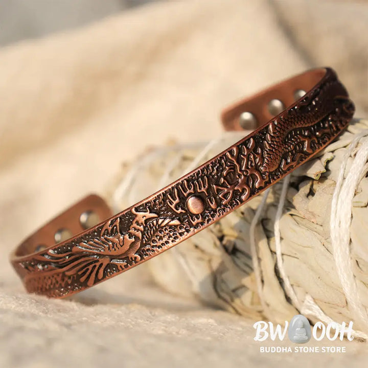 Buddha Stones Dragon Phoenix Magnetic Solid Copper Cuff Bracelet Bangle - Dragon&amp;Phoenix - Bracelet Bangle