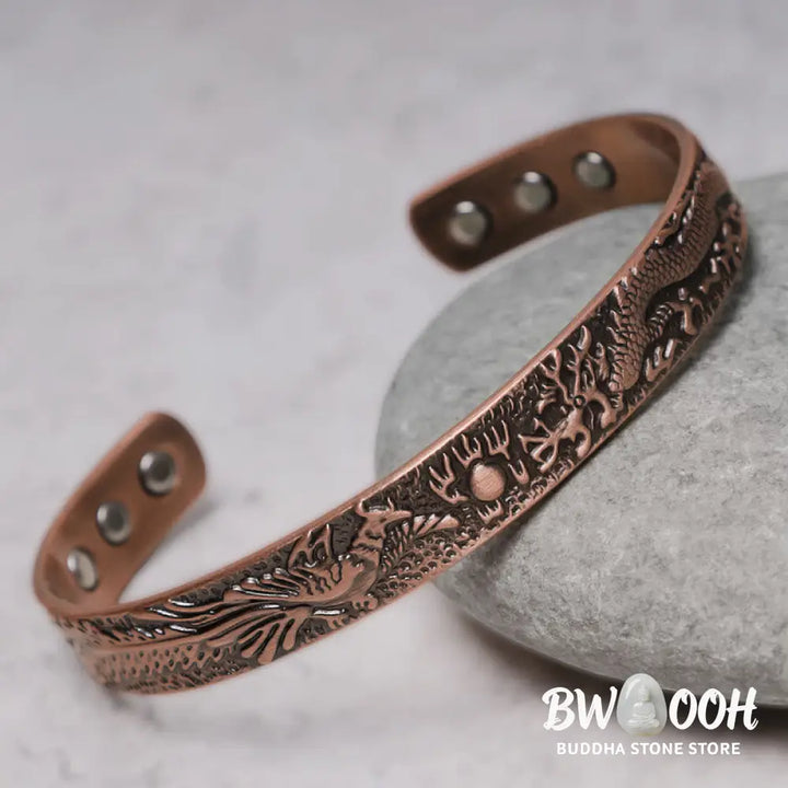 Buddha Stones Dragon Phoenix Magnetic Solid Copper Cuff Bracelet Bangle - Dragon&amp;Phoenix - Bracelet Bangle