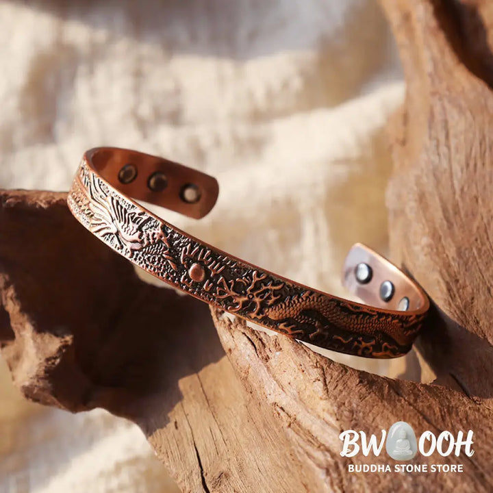 Buddha Stones Dragon Phoenix Magnetic Solid Copper Cuff Bracelet Bangle - Dragon&amp;Phoenix - Bracelet Bangle