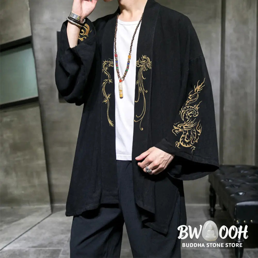 Buddha Stones Dragon Phoenix Open Front Long Sleeve Jacket Men’s Cotton Kimono - Men’s Kimono