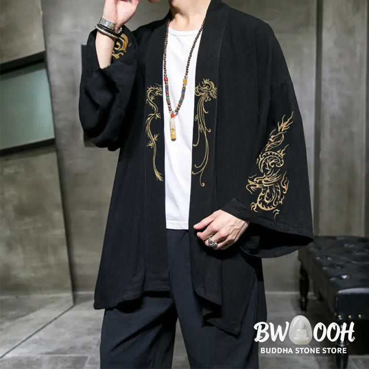 Buddha Stones Dragon Phoenix Open Front Long Sleeve Jacket Men’s Cotton Kimono - Men’s Kimono