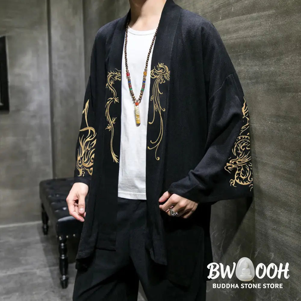 Buddha Stones Dragon Phoenix Open Front Long Sleeve Jacket Men’s Cotton Kimono - Men’s Kimono