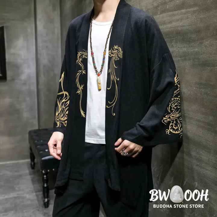 Buddha Stones Dragon Phoenix Open Front Long Sleeve Jacket Men’s Cotton Kimono - Men’s Kimono