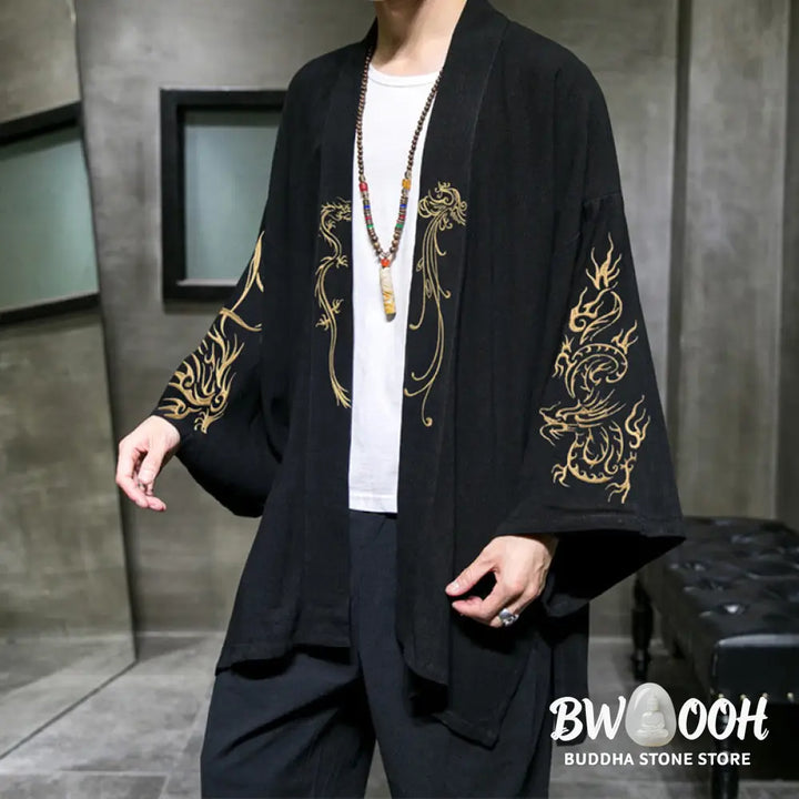 Buddha Stones Dragon Phoenix Open Front Long Sleeve Jacket Men’s Cotton Kimono - Men’s Kimono