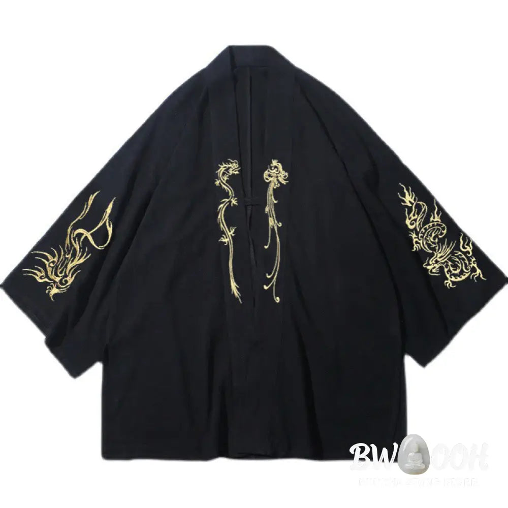 Buddha Stones Dragon Phoenix Open Front Long Sleeve Jacket Men’s Cotton Kimono - Men’s Kimono