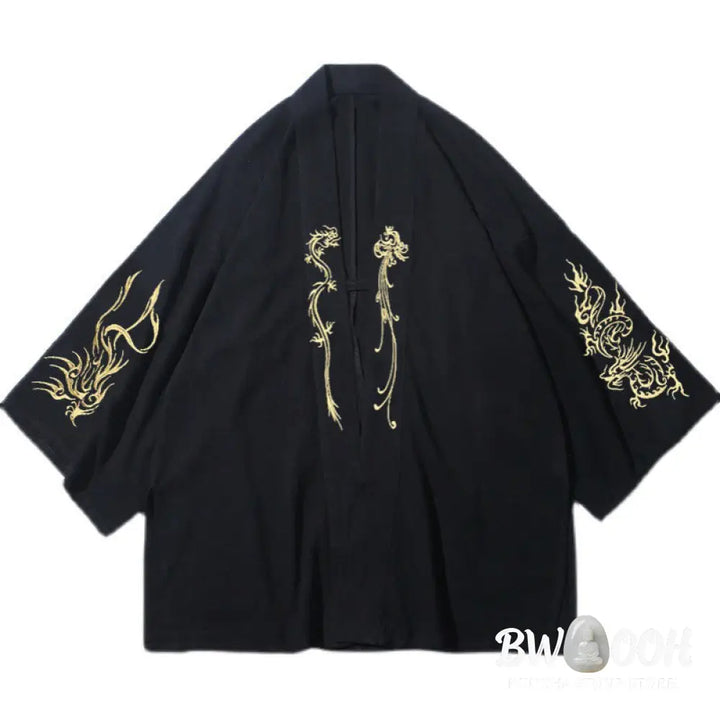Buddha Stones Dragon Phoenix Open Front Long Sleeve Jacket Men’s Cotton Kimono - Men’s Kimono