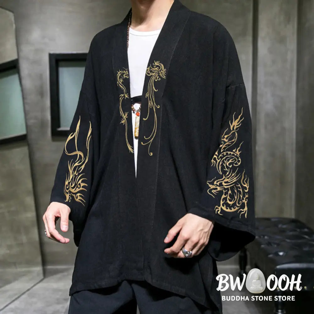 Buddha Stones Dragon Phoenix Open Front Long Sleeve Jacket Men’s Cotton Kimono - Men’s Kimono