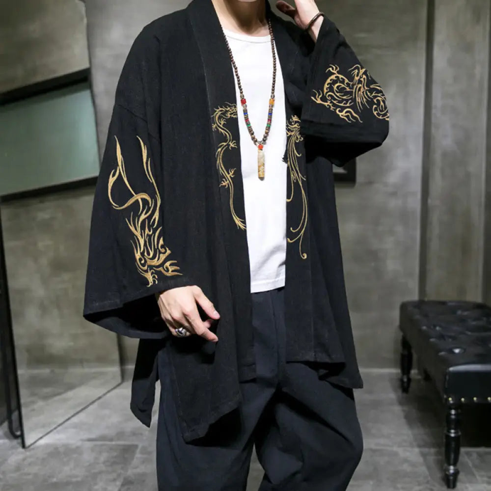BWOOOH Dragon Phoenix Open Front Long Sleeve Jacket Men's